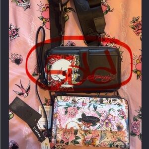 Ed Hardy Black Wallet with Red Signature and Multicolor Skull Artwork